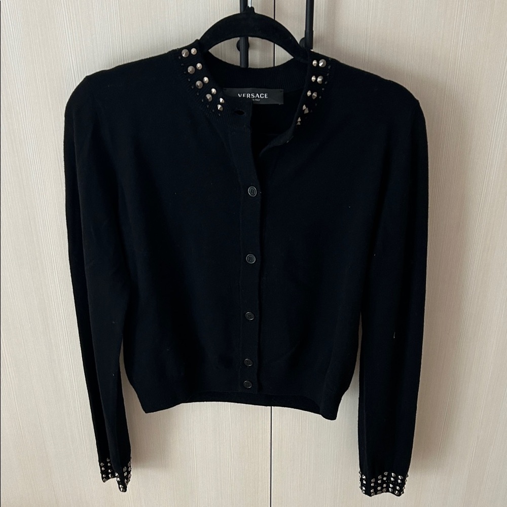 Versace Black Stud-Trim Button Cardigan